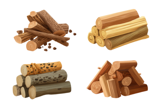Four piles of different types of firewood.  Stacks of logs, varying in color and texture, arranged in different patterns