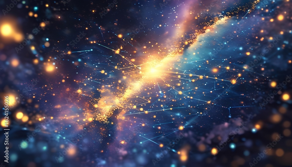 Poster vibrant cosmic nebula with glowing stars and interconnected light trails creating a sense of expansi