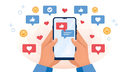 Hands holding smartphone with social media icons mobile phone