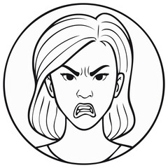 Angry woman with furrowed brows in a black and white outline design expressing frustration or irritation
