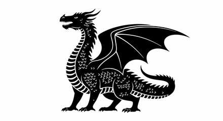 Majestic mythical creature: Silhouette of dragon with powerful wings and detailed scales depicted in stark black against a white background