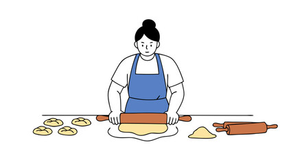 Woman in a blue apron rolling dough with a rolling pin to make pastry delicacies at a cooking studio workshop during springtime baking 85 characters