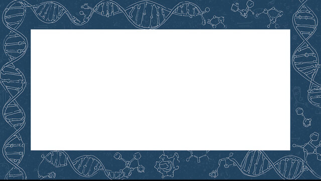 Scientific illustration of a frame with hand-drawn DNA helixes and molecular structures on a blue blueprint background