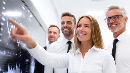 Strategic Insight: A dynamic team of business professionals in a modern office setting, intently analyzing market trends and financial data displayed on a large interactive screen.