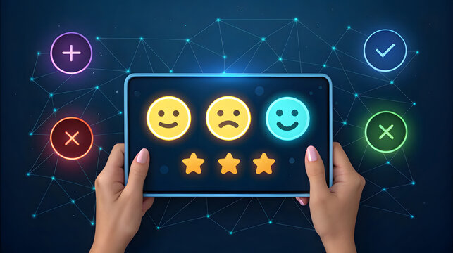 Hands holding tablet with glowing feedback emojis and stars