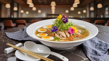 Modern food photography of soto served in a fancy restaurant setting, garnished beautifully with microgreens and edible flowers