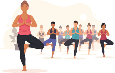 Obraz premium Diverse group of people practicing yoga in tree pose.