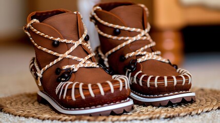 Stylish Brown Leather Boots with Unique Lacing Design on Cozy Textile Background