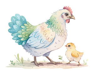 watercolor mother chicken with her kid vector illustration isolated on white background