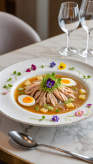 Modern food photography of soto served in a fancy restaurant setting, garnished beautifully with microgreens and edible flowers