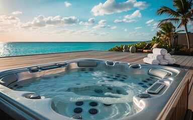 Obraz na płótnie Canvas Modern Outdoor Hot Tub with Tropical Ocean View and Stacked Towels at Sunset jacuzzi