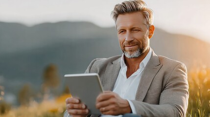 Businessman and Digital Tablet: A sophisticated businessman, impeccably dressed, engrossed in his digital tablet amidst a sun-kissed field, symbolizing modern business merging with nature.