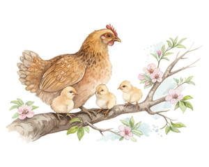 watercolor mother chicken with her kid vector illustration isolated on white background