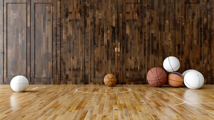 Indoor basketball court with wooden flooring and various basketballs positioned against a wall