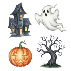 A collection of watercolor halloween illustrations featuring a haunted house, a friendly ghost, a glowing jack o lantern, and a creepy tree, perfect for holiday designs.