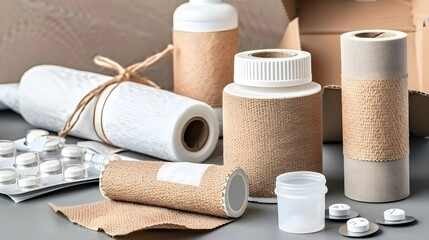 Naklejka premium Medical Supplies and Bandages in Natural Tones with Packaging and Containers for First Aid