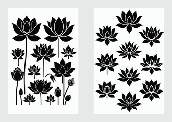 Beautiful Lotus Blossom Vector Silhouette Set Decorative Floral Design Isolated on White Background Art