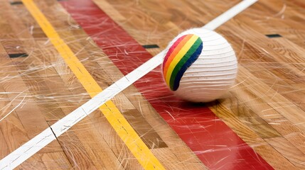 Rainbow Ball on Wooden Gym Floor with Colorful Lines Marking Sports Area Activities