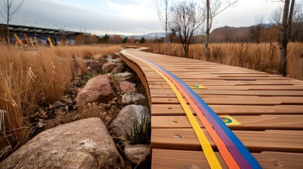 Serene View of Wooden Pathway Through Autumn Landscape with Colorful Stripes and Rocks