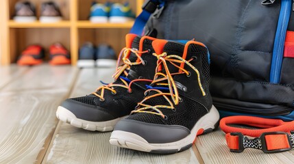 Stylish Black Sports Shoes with Colorful Laces Beside a Bag on Wooden Floor