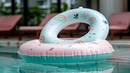 Colorful Inflatable Pool Float in Vibrant Swimming Pool Setting with Stylish Deck Chairs