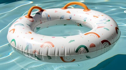 Colorful Inflatable Pool Float with Rainbow Designs in Clear Water Background