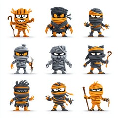 Cartoon Mummy Characters: A set of adorable cartoon mummies, wrapped in bandages and exuding playful vibes. Each mummy has unique character and expression. Capturing the fun spirit of Halloween.