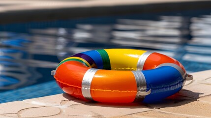 Colorful Life Preserver Floating Near Swimming Pool for Summer Safety and Recreation Enjoyment