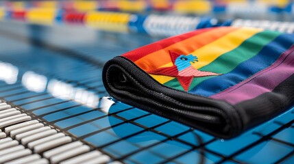 Colorful swimming towel with vibrant rainbow stripes and an emblem on a poolside tile background