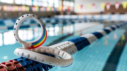 Colorful Swimming Ring on Pool Lane Surrounded by Clear Water and Bright Decorations