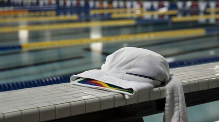 White Swim Cap and Towel on Edge of Pool with Lanes for Competition or Training in Background