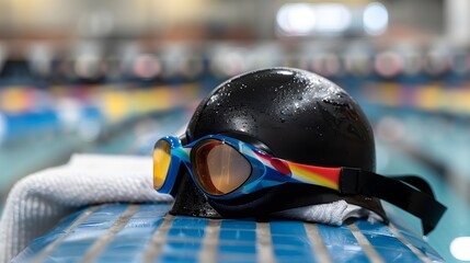 Colorful Swim Goggles and Black Swim Cap on Deck at Indoor Pool with Water Background