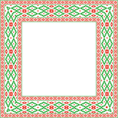 Obraz premium Vector red green square belarusian national ornament frame. Ethnic pattern rectangle of Slavic peoples, Russian, Ukrainian, Serb, Pole, Bulgarian. Cross stitch template