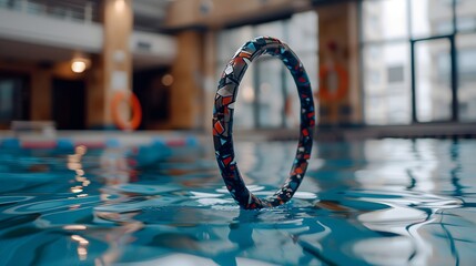 Colorful Swimming Ring Floating in Clear Water of Indoor Pool with Modern Architecture Design