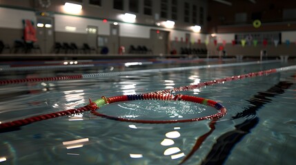 Calm Indoor Swimming Pool with Colorful Lane Markers and Reflections on Water Surface