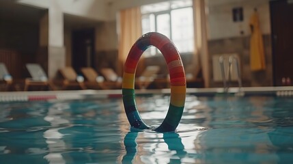 Colorful Swimming Ring Floating in Hotel Pool with Sunlight Reflection and Relaxing Atmosphere