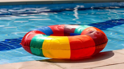 Colorful Children's Pool Float Ring on Gleaming Blue Water Surface in Summer Sunlight