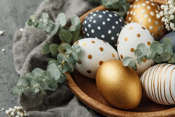 Obraz premium Easter decor. Colored Easter eggs on a wooden plate on the table. The concept of preparing for the celebration. 