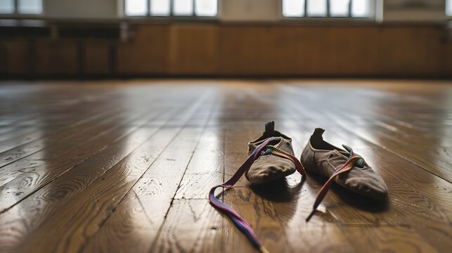 Vintage ballet shoes on wooden floor in dance studio with soft lighting and empty space