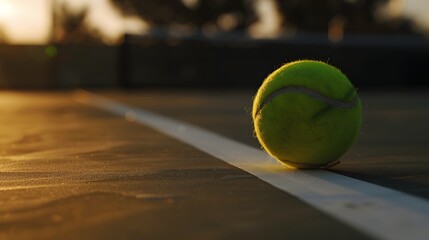 Tennis Ball on Court at Sunset with Soft Focus and Natural Light