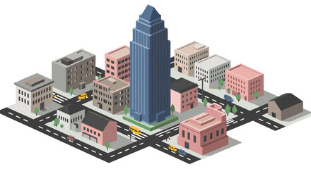 Isometric urban landscape showcasing a modern city with tall buildings and busy streets creating a vibrant scene capturing architectural harmony