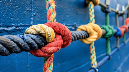 Colorful Knots of Rope on a Blue Surface with a Focus on Textures and Patterns in a Nautical Setting