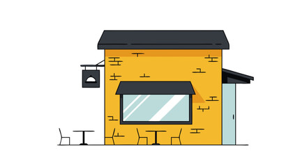 Charming minimalist storefront illustration of a cozy pizza place with outdoor seating depicted in simple line art design