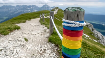 Colorful Hiking Trail Markers on Rocky Pathway in Scenic Mountain Landscape