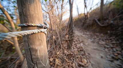 Close-Up of Tree with Rope Tied in a Natural Landscape Path During Sunset Light
