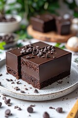 Two squares of rich dark chocolate cake, glistening with a glossy chocolate ganache, are sliced and served on a light gray plate.  Sprinkles of chocolate chips adorn the top