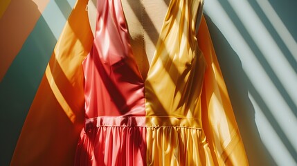 Elegant dress with vibrant red and yellow colors illuminated by soft sunlight shadows