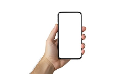 A realistic shot of a person's hand holding a modern, bezel-less smartphone with a blank white screen, perfect for mockups. The background is a clean, solid white, isolating the hand and phone.