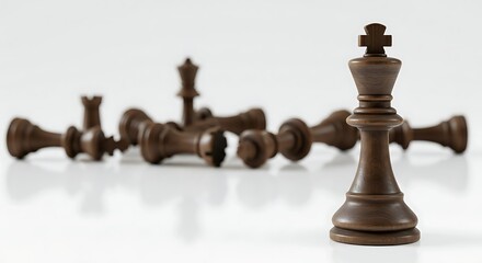 A sharp, realistic close-up of a chess king piece standing alone on a white surface, with all other chess pieces blurred and fallen in the background. The image symbolizes strategy, leadership, and su
