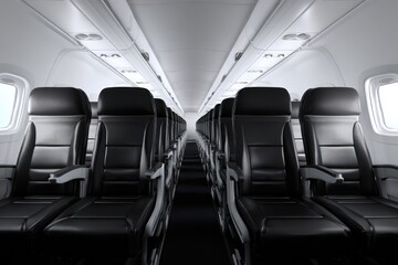 Aircraft Interior with Rows of Black Leather Seats in Bright Commercial Airplane